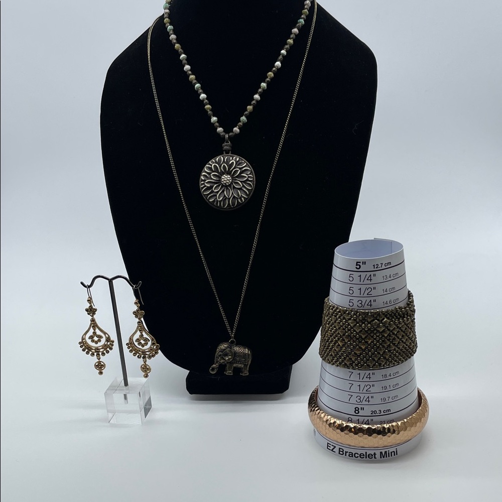 Monet Bohemian Gold Earrings & Elephant and Pendant Necklace Set